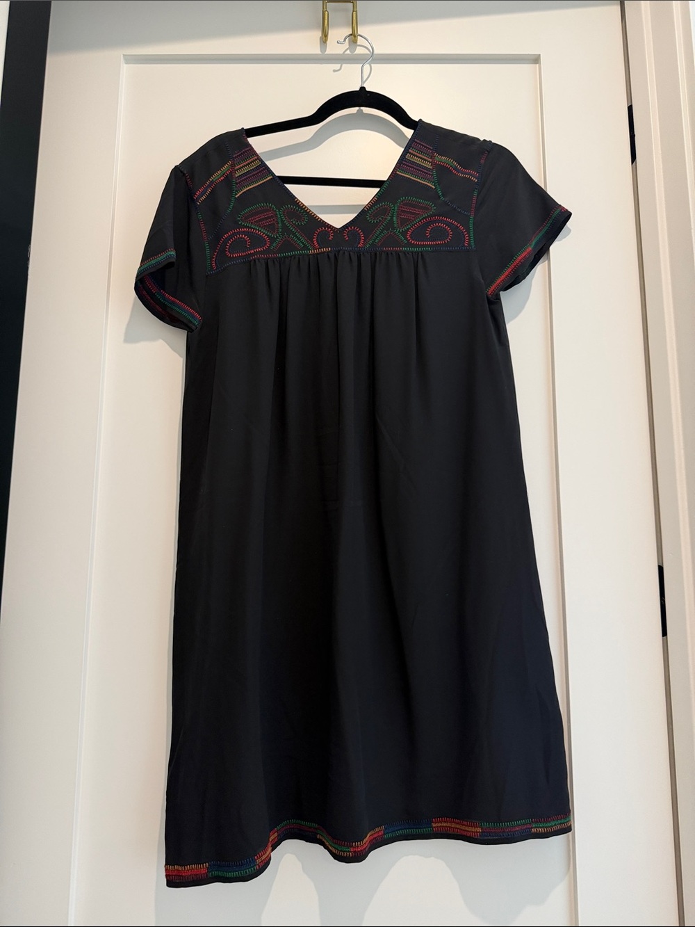 Madewell Black Embroidered Mini Dress with Multicolor Stitching